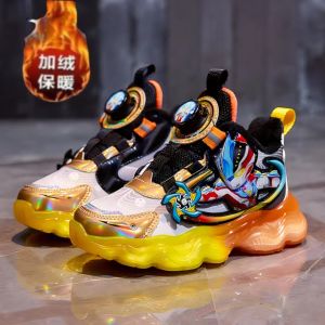 Boys Sports Shoes with Light up Buttons Faux Leather Inner Fleece Windmill Rotation Buckle Glow in the Dark Childrens Footwear