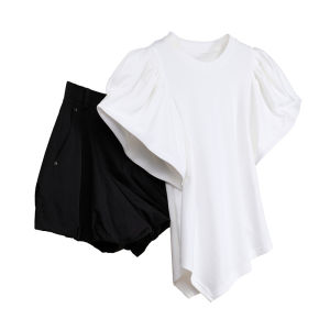 Designer Unique Bubble Sleeve Asymmetrical Plain White Tshirt