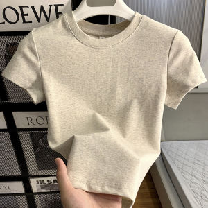 Slimming Pure Cotton Round Neck Short Sleeve Tops for Women Stylish Business Casual Clothes in Gray
