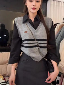 Fake Two-Piece Tops Womens Early Autumn Wear Fancy Knitwear Patchwork Shirt Polo Collar Preppy Style Chic Sweater