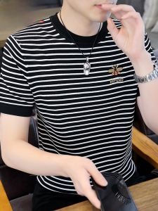 HENGYUANXIANG | Áo thun nam cổ tròn tay ngắn dệt kim Ice Silk mùa hè Áo thun nam tay ngắn cổ tròn thoáng khí thường ngày bằng vải cotton pha nylon