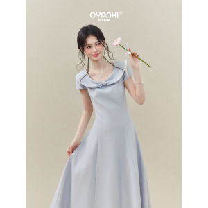 OUYANGXI | Đầm Nữ Cổ Peter Pan Nơ Xanh Tay Ngắn Ôm Eo
