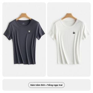 MiiOW | Áo thun cotton Modal mỏng màu xám mùa hè cổ tròn tay ngắn thoáng khí thoải mái thường ngày cơ bản cho nữ
