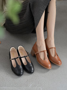 round Toe Thick Heel Single Shoes Womens Genuine Leather Spring New Brown Crossband Simple Artistic Retro Style High Heels
