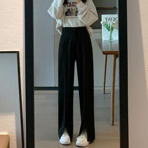 Spring Summer plus Size Womens Casual Straight Leg Suit Pants Drapey Loose Slimming Split High Waist Wide Leg Trousers