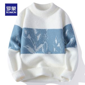ROMON | Romon Mens Knitted Sweater Round Neck Casual Thick Warm Winter Fashion Loose Fit Knitwear Polyester Nylon Blend Long Sleeve