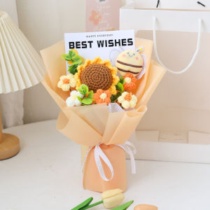 Graduation Yellow Sunflower Imitation Flower Knitted Creative Finished Product Yarn Hook Weaving Small Bee Bouquet Gift Kindergarten