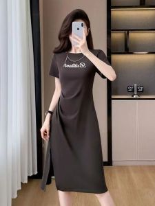 Black T-Shirt Dress Womens Slim Fit Asymmetrical Slit Meat Covering Summer New Style Elegant Small Black Dress