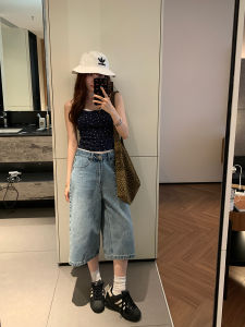 Quần Jeans Denim Xanh Mới 2025 Cạp Cao Quần Ống Thẳng Thường Ngày Cho Nữ Mùa Hè Quần Short Co Giãn Bảy Phần Cạp Cao