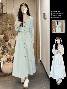 White Long Sleeve Shirt Dress Womens Early Autumn 2025 New Korean Atmosphere Sensation Long Dress Sweet High Waist A-Line Skirt