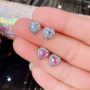 Huitan Pink Crystal CZ Heart Stud Earrings for Women Romantic Ear Accessories Love Earrings Dainty Birthday Gift Fashion Jewelry