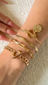 Ingemark | Punk Cuban Link Chain Coin Pendant Bracelet for Women on Hand Vintage OT Buckle Snake Chain Charm Bangles Couple Jewelry Gift