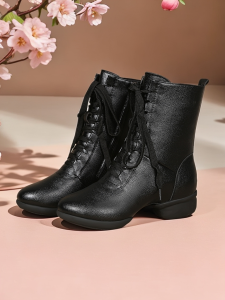 Fall Winter Soft Bottom mid Heel Dance Shoes Womens Fleece Lined High Top Dance Boots Adult Soft Leather Square Dancing Shoes