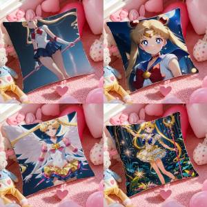 Bandai | Sailor Moon Usagi And Mamoru Anime Plush Pillow Cover Soft Short Plush Cushion Cover For Sofa Bedroom Home Decor Gift Decoration