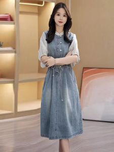 Summer Thin Denim Patchwork Dress Womens Vintage Button Elegant Cheongsam Collar Mid-Length Skirt High Waist Short Sleeve