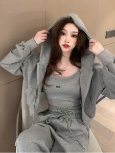 Bộ Đồ Thể Thao Nữ Phong Cách Hồng Kông 2025 Xuân Thu Thời Trang Đường Phố Áo Khoác Có Khóa Kéo Áo Hoodie Áo Khoác Dây Chuyền Bộ Ba Món