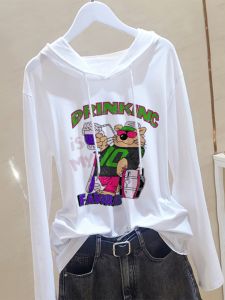 เสื้อยืดคอกลมแขนยาวผ้าฝ้ายแท้สำหรับผู้หญิง ฤดูใบไม้ผลิและฤดูใบไม้ร่วง สไตล์ใหม่ สีขาว ทรงหลวม ไซส์ใหญ่ เสื้อตัวบนพิมพ์ลาย