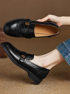 Retro Flat Bottom Loafers Womens Shoes Size 33-34 British Style Small Leather Shoes 2025 Single Shoes Large Size 41-43