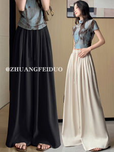 Ice Silk Acetate Satin Wide Leg Culottes Womens Summer Thin Drape Loose Trousers Mop Pants Elegant Pleated Casual Pants