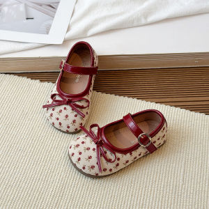 Kiss Bow Strap Leather Shoes for Girls 2026 New Autumn Toddler Ballet Flats Floral Print Soft Sole Elegant Party Shoes Age1-3