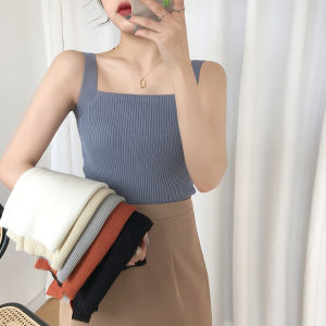Summer 2024 Womens Knitted Tank Top Slim Fit Square Neck Vest Inner Wear Base Shirt Trendy Outerwear Short Style Pure Color