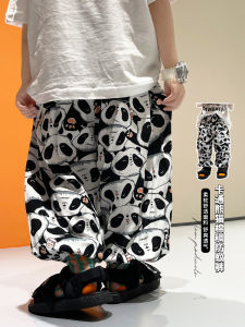 Lightweight Ice Silk Mosquito Proof Pants for Boys Cartoon Panda Design Summer Casual Long Pants Polyester Fiber Waistband