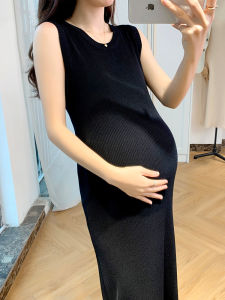 Black Knitted Maternity Dress Womens Style Early Autumn Strap Vest Long Draping High-End Feeling Midi Skirt Korean Version