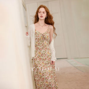 3COLOUR·S | French Style Floral Print V-neck Sleeveless Slimming A-line Maxi Dress