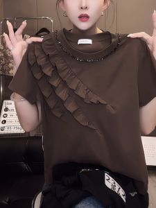 NUMEN BUTTON | Stylish Gathered Ruffled Beaded Round Neck Short Sleeve Tee for Small Size Women