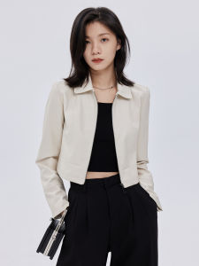 Fashionable Polo Collar Zipper Short Straight Tube PU Leather Jacket Womens Autumn Popular Hong Kong Style Beige Color Coat