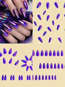 Fashion purple fake nails for women girls Holographic Plated metallic effect Medium long almond waterdrop tips press on nail art