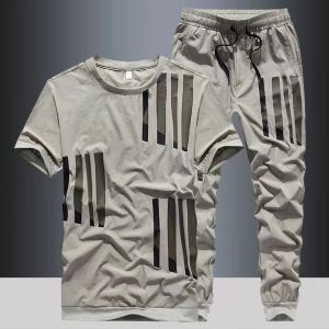 Naimo Summer New Short-sleeved Suit Ice Silk T-shirt Trousers Breathable Fashion Sports Tooling Two-piece Mens Tide