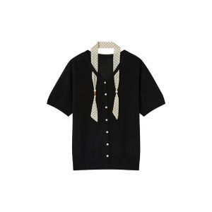 plusmall | V-neck Detachable Dots Scarf Knit Top