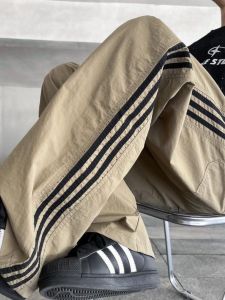 Three Bars Stripes Quick-Drying Tactical Pants Mens Summer Thin American Patchwork Paratrooper Pants Straight-leg Wide-Leg Overalls