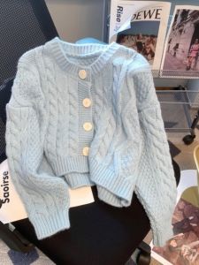 Soft Blue Gentle Vintage Twist Knitted round Neck Open Cardigan Outerwear Womens Top Spring Autumn Soft Cozy Sweater Jacket