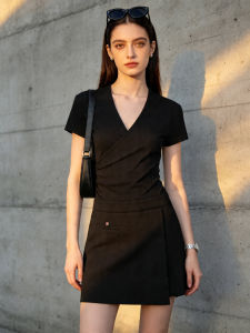 PIAOYA | V-Neck Cross Waist Wrinkled T-Shirt Slim Office Wear