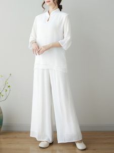 Ethnic Style Cotton and Linen Yoga Clothes Repair Zen Clothes Suit Female Summer Chinese Style Zen Tea Gown Lay Buddhist Clothes Two-piece Set Spring & Fall