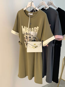 AMILUCK | Casual Cotton T-Shirt Dress Women Loose Slimming Comfortable Mid-Length Summer Dress Round Neck Short Sleeve Letter Print