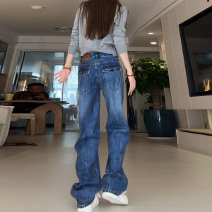 กางเกงยีนส์ทรงหลวมขากว้างสีน้ำเงินพร้อมกระเป๋าหลังสำหรับผู้หญิง กางเกงขายาวทรงตรงสไตล์ย้อนยุค ทรงสลิม ฤดูใบไม้ร่วง 2025 แฟชั่นใหม่