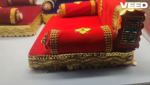 Handmade Laddu Gopal Singhasan | Wooden Base with Velvet Cloth | Home Puja Temple Decor & Diwali Gift | 1 pc | Multicolor