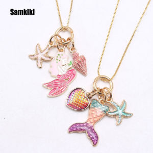 Japanese and Korean Girl Cute Cartoon Mermaid Princess Pendant Long Necklace Kids Princess Style Necklace Sweater Chain