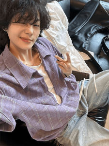 ZHUOCAN | Purple Checkered Summer Thin Loose-fit Retro V-Neck T-Shirt