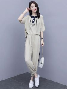 Bộ Đồ Thể Thao Ice Silk Mùa Hè Mới Cho Nữ Thường Ngày Thời Trang Sành Điệu Áo Ngắn Tay Hai Mảnh Quần Dài Đến Mắt Cá Chân