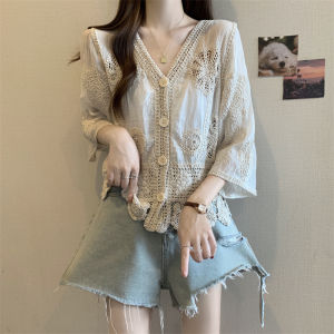 YINGXIYUE | Sun Protection Lace Hollow V-Neck Summer Large Size Women French Luxury Style Cardigan