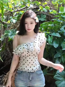 BINKAFENNY | White Polka Dot Ruffle Shoulder Chiffon Top Womens Summer 2025 New Design Sensation Elegant Unique Korean Style Blouse