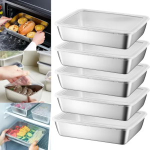 304 Stainless Steel Japanese Style Tray Food Storage Box with Lid Household Fresh-keeping Box Tray BBQ Food Trays with Lid Fruit Containers Food Trays for Picnic