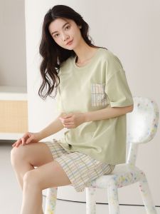 Miiow | Pure Cotton Summer Lightweight Short Sleeve Sleepwear Set For Women Casual Loose Comfortable Home Clothes Short Pants
