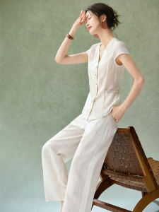 MOHANYIMEI | Vintage Elegant Flax V-Neck Slim Fit Womens Comfort Set