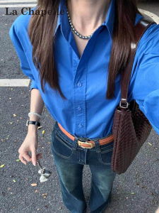 La Chapelle | Klein Blue Polo Collar Long Sleeve Thin Style Summer Sun Protection Shirt