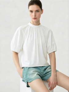 AMII | Commuter Use Standing Collar Drop Shoulder Lantern Sleeve Loose Short Style Cotton Shirt